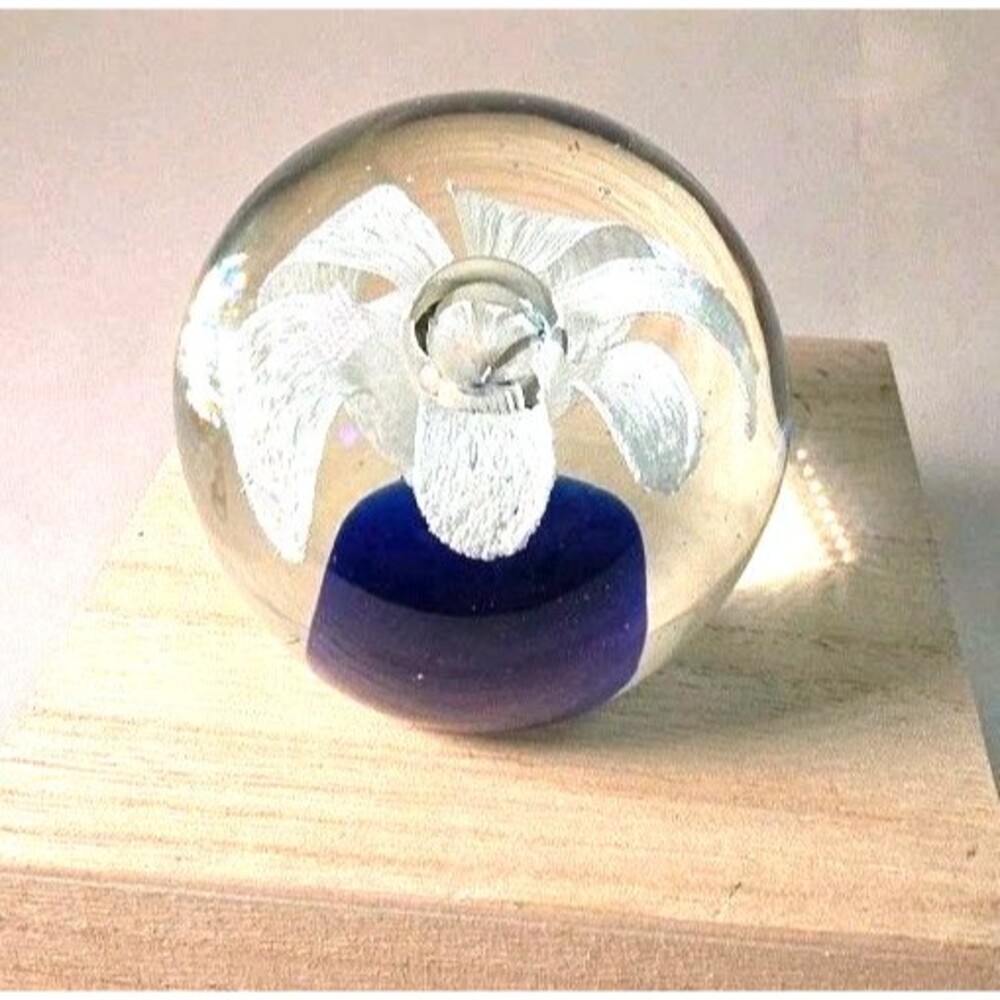 Vintage Art Glass Cobalt Blue w/White Flower & Lg Controlled Bubble Paperweight